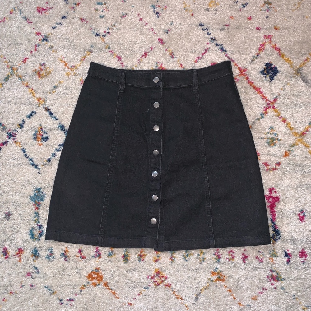 Button Front Black Mini Skirt